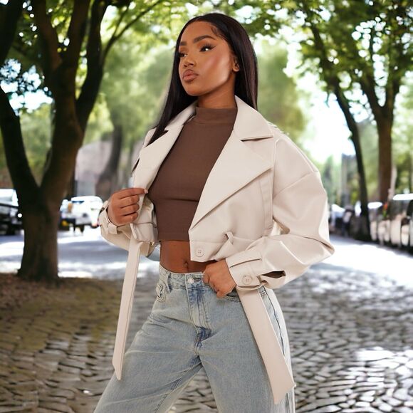 Pretty Little Things Stone Oversized Belted Hem Cropped Biker Jacket Size 2 US - Picture 1 of 6